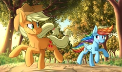 Size: 4096x2438 | Tagged: safe, artist:kaylerustone, applejack, rainbow dash, earth pony, pegasus, pony, fall weather friends, g4, applejack's hat, autumn, cowboy hat, cute, duo, duo female, featured image, female, folded wings, forest, freckles, grass, hat, high res, jackabetes, leaves, looking at each other, looking at someone, looking back, mare, nature, open mouth, open smile, outdoors, racing, running, scene interpretation, scenery, scenery porn, smiling, smiling at each other, sunset, sweet dreams fuel, tree, wings