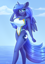 Size: 2480x3508 | Tagged: safe, alternate version, artist:dandy, princess luna, alicorn, anthro, :3, big breasts, breasts, busty princess luna, cleavage, clothes, ear fluff, eyebrows, eyebrows visible through hair, eyeshadow, female, high res, horn, looking at you, makeup, one-piece swimsuit, open-back swimsuit, piercing, raffle prize, smiling, smiling at you, solo, stupid sexy princess luna, swimsuit, wet, wings