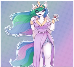 Size: 1810x1633 | Tagged: safe, artist:_alixxie_, princess celestia, alicorn, anthro, g4, alcohol, breasts, busty princess celestia, cleavage, clothes, dress, eye clipping through hair, female, glass, gradient background, open mouth, open smile, outline, smiling, solo, white outline, wine, wine glass, wings
