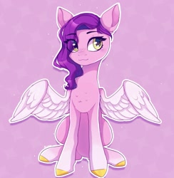 Size: 1537x1572 | Tagged: safe, artist:_alixxie_, pipp petals, pegasus, pony, g5, my little pony: a new generation, adorapipp, blushing, cute, eye clipping through hair, female, hair over one eye, mare, outline, pink background, simple background, sitting, solo, spread wings, white outline, wings