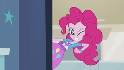 Size: 1280x720 | Tagged: safe, screencap, pinkie pie, equestria girls, g4, guitar centered, clothes, female, grin, looking at you, one eye closed, smiling, smiling at you, solo, wink, winking at you