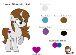 Size: 800x572 | Tagged: safe, artist:luminousdazzle, artist:sevenxninja, oc, oc only, oc:love biscuit, pony, unicorn, blue eyes, brown mane, brown tail, clothes, cute, female, freckles, full body, horn, mare, raised hoof, reference sheet, simple background, smiling, socks, solo, standing, tail, unicorn oc, white background