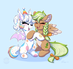 Size: 5120x4800 | Tagged: safe, artist:confetticakez, artist:dandy, oc, oc only, oc:confetti cupcake, oc:sylvia evergreen, bat pony, pegasus, pony, absurd resolution, bat wings, blushing, braid, collaboration, duo, ear fluff, eyes closed, fangs, female, freckles, hair tie, hat, holding hooves, hug, light blue background, open mouth, pale belly, party hat, simple background, smiling, white belly, wings