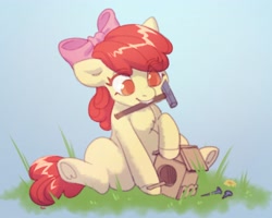 Size: 3108x2485 | Tagged: safe, artist:helemaranth, apple bloom, earth pony, pony, adorabloom, bird house, chest fluff, cute, female, filly, frog (hoof), grass, hammer, high res, mouth hold, sitting, solo, underhoof, weapons-grade cute