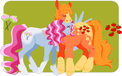 Size: 2658x1674 | Tagged: safe, artist:superkitsch, applejack (g1), sugar apple, earth pony, pegasus, pony, g1, candy cane pony, cutie mark, female, lesbian, shipping, simple background, sugarapple