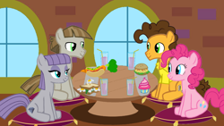 Size: 1280x720 | Tagged: safe, artist:mlplary6, cheese sandwich, maud pie, mudbriar, pinkie pie, earth pony, pony, g4, boyfriend and girlfriend, brother in law, carrot, carrot dog, cupcake, double date, female, food, friends, herbivore, male, mare, pie sisters, pillow, ship:cheesepie, ship:maudbriar, shipping, siblings, sister in law, sisters, sitting, smiling, stallion, straight, when he smiles, when she smiles