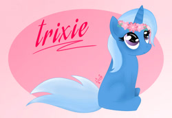 Size: 1280x881 | Tagged: safe, artist:lucybatim68, trixie, pony, unicorn, g4, cute, diatrixes, eyelashes, female, floral head wreath, flower, horn, looking up, mare, missing cutie mark, simple background, sitting, smiling, solo, tail, text