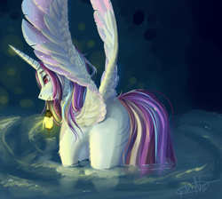 Size: 2232x2000 | Tagged: safe, artist:pikinas13, oc, oc only, alicorn, pony, alicorn oc, high res, horn, lantern, mouth hold, solo, spread wings, water, wings