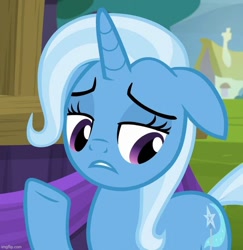 Size: 701x720 | Tagged: safe, screencap, trixie, pony, unicorn, g4, no second prances, season 6, cropped, ears back, female, frown, horn, imgflip, looking down, mare, purple eyes, solo, two toned mane