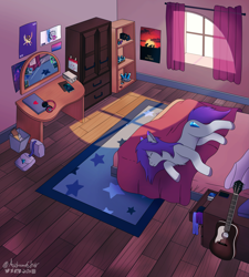 Size: 3085x3433 | Tagged: safe, artist:autumnsfur, oc, oc only, oc:glitter stone, oc:prince whateverer, earth pony, pony, g5, my little pony: a new generation, bed, bedroom, bedsheets, bisexual pride flag, blanket, chest fluff, computer, curtains, dawn, detailed background, diamond, digital art, eyes closed, female, gray coat, grey fur, guitar, headphones, high res, indoors, laptop computer, lying down, lying on bed, mare, mirror, musical instrument, on bed, on side, pillow, poster parody, pride, pride flag, signature, sleeping, solo, sunset, wholesome, window