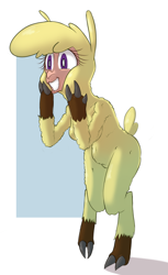 Size: 1004x1636 | Tagged: safe, artist:hitsuji, paprika (tfh), alpaca, anthro, them's fightin' herds, bipedal, cloven hooves, community related, simple background, smiling, solo