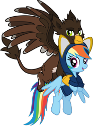 Size: 1973x2663 | Tagged: safe, artist:lightningbolt, derpibooru exclusive, rainbow dash, oc, oc:quill rokbik, griffon, pegasus, pony, 2022 community collab, derpibooru community collaboration, g4, .svg available, beak, carrying, clothes, duo, e621, eared griffon, female, fluffy, flying, happy, hoodie, looking at you, male, mare, open mouth, partially open wings, paws, show accurate, simple background, slit pupils, spread wings, svg, talons, transparent background, vector, wings