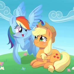 Size: 1080x1080 | Tagged: safe, artist:grapeanimations, applejack, rainbow dash, earth pony, pegasus, pony, g4, applejack's hat, backwards cutie mark, cloud, cowboy hat, female, flower, flying, freckles, grass, hat, lesbian, looking at each other, looking at someone, lying down, mare, open mouth, open smile, prone, raised hoof, ship:appledash, shipping, sky, smiling, spread wings, wings