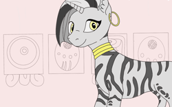 Size: 1280x800 | Tagged: safe, artist:royaltyofequestria, oc, oc only, oc:maya, pony, unicorn, zebra, zebracorn, colored sketch, ear fluff, ear piercing, earring, eyeshadow, gold, grey hair, horn, jewelry, makeup, mayan, mayan script, piercing, solo, stripes