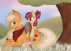 Size: 834x597 | Tagged: safe, artist:skybreeze-mastermc, apple bloom, applejack, earth pony, pony, g4, apple sisters, applejack's hat, cowboy hat, female, filly, grass, hat, lying down, mare, mouth hold, neckerchief, prone, siblings, sisters, smiling, tree