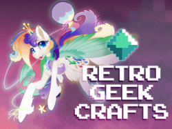 Size: 2991x2243 | Tagged: safe, artist:faunahoof, oc, unnamed oc, pegasus, pony, balloon, crown, fanart, fantasy, flying, gift art, glowing, high res, jewelry, logo, multicolored hair, multicolored mane, pegasus wings, regalia, retro geek crafts, retrogeek crafts, unnamed character, unnamed pony, unshorn fetlocks, wand, wings