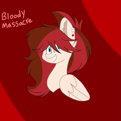 Size: 2067x2067 | Tagged: safe, artist:circuspaparazzi5678, artist:senpai-breanna5678, oc, oc only, oc:bloody massacre, pegasus, pony, black butler, bust, crossover, crossover ship offspring, ear piercing, earring, grin, high res, jewelry, male, offspring, parent:grell sutcliff, parent:oc:breanna, parents:canon x oc, piercing, portrait, sharp teeth, skull, smiling, solo, teeth, trans male, transgender