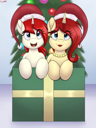 Size: 2695x3595 | Tagged: safe, artist:an-tonio, oc, oc:golden brooch, oc:silver draw, pony, unicorn, box, christmas, cute, female, freckles, happy, hat, high res, holiday, lipstick, mare, mother and child, mother and daughter, ocbetes, pony in a box, red lipstick, santa hat, smiling, tree