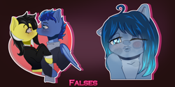 Size: 2000x1000 | Tagged: safe, artist:falses, oc, oc only, oc:dusk cello, oc:opal brona, oc:zedwin, lamia, original species, pony, blushing, clothes, commission, cute, duo, female, glass, heart, hug, jacket, kiss mark, kissing, kissy face, lipstick, looking at you, male, mare, romantic, scarf, screen, simple background, smiling, smiling at you, sticker, sweater, ych result