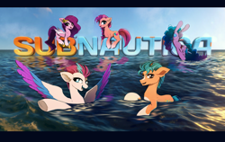 Size: 1420x900 | Tagged: safe, artist:skyeypony, hitch trailblazer, izzy moonbow, pipp petals, sunny starscout, zipp storm, earth pony, pegasus, pony, unicorn, g5, my little pony: a new generation, coat markings, colored wings, colored wingtips, crossover, cute, female, full body, hooves, horn, jewelry, lying down, male, mane five, mare, ocean, pale belly, sitting, socks (coat markings), stallion, subnautica, swimming, video game crossover, water, wings