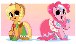 Size: 2979x1743 | Tagged: safe, artist:syrupyyy, applejack, pinkie pie, earth pony, pony, g4, alternate hairstyle, applejack's hat, boots, clothes, cowboy boots, cowboy hat, cute, diapinkes, dress, duo, female, gala dress, hat, hoof shoes, jackabetes, mare, open mouth, shoes