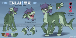Size: 900x450 | Tagged: safe, artist:wwredgrave, oc, oc:enlai, oc:恩来, original species, shark, shark pony, chinese, commission, gills, male, reference sheet, sharp teeth, solo, teeth