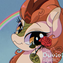 Size: 2000x2000 | Tagged: safe, artist:duvivi, autumn blaze, kirin, g4, autumn blaze's puppet, chromatic aberration, flower, high res, looking at you, rainbow, rose, smiling, solo, wavy mouth