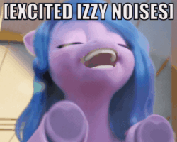 Size: 600x480 | Tagged: safe, edit, edited screencap, screencap, izzy moonbow, pony, unicorn, g5, my little pony: a new generation, spoiler:g5, animated, blue mane, caption, descriptive noise, elevator, excited, eyes closed, female, gif, glass, happy, heart, hoof heart, image macro, loop, mare, my little pony logo, open mouth, solo, tapping, text, underhoof, unshorn fetlocks, upside-down hoof heart, window