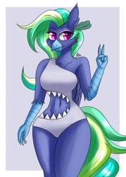 Size: 1500x2100 | Tagged: safe, artist:zachc, oc, oc:plumeria blossom, anthro, belly button, clothes, female, passepartout, peace sign, shark swimsuit, solo, swimsuit, wide hips