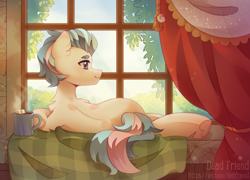 Size: 3696x2656 | Tagged: safe, artist:dedfriend, oc, oc only, earth pony, pony, chest fluff, chocolate, cottagecore, ear fluff, food, freckles, high res, hot chocolate, looking back, lying down, marshmallow, mug, prone, smiling, solo, underhoof, window