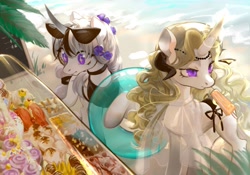 Size: 2388x1668 | Tagged: safe, artist:tingsan, oc, oc:altini white, oc:chloe white, pony, unicorn, clothes, curved horn, dress, flower, flower in hair, food, horn, horns, ice cream, pastries, popsicle, sunglasses, wingding eyes