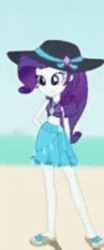 Size: 208x498 | Tagged: safe, screencap, rarity, aww... baby turtles, equestria girls, equestria girls series, g4, animated, beach, belly button, boring, clothes, cropped, eyeshadow, feet, gif, hat, makeup, midriff, rarity's blue sarong, rarity's purple bikini, sandals, sarong, skirt, slouching, solo focus, sun hat, swimsuit, ugh