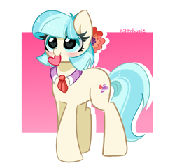 Size: 4512x4352 | Tagged: safe, artist:kittyrosie, coco pommel, earth pony, pony, g4, abstract background, blushing, cocobetes, cute, eyelashes, female, full body, heart, heart eyes, mare, mouth hold, smiling, solo, standing, tail, three quarter view, two toned mane, two toned tail, wingding eyes