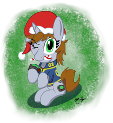 Size: 1439x1559 | Tagged: safe, artist:ebbysharp, oc, oc:littlepip, pony, unicorn, fallout equestria, candy, candy cane, christmas, cute, female, food, hat, holiday, mare, mouth hold, ocbetes, one eye closed, pipabetes, santa hat, solo, wink