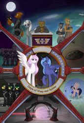Size: 1279x1875 | Tagged: safe, artist:endrome, princess celestia, princess luna, oc, alicorn, diamond dog, griffon, pony, fanfic:days of wasp and spider, g4, alicorn oc, fanfic, fanfic art, fanfic cover, horn, pink-mane celestia, royal sisters, siblings, sisters, wings