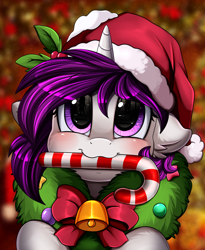 Size: 1446x1764 | Tagged: safe, artist:pridark, oc, oc only, pony, unicorn, :3, bell, blushing, candy, candy cane, christmas, christmas wreath, food, hat, holiday, santa hat, solo, wreath