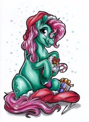 Size: 2481x3405 | Tagged: safe, artist:lupiarts, minty, earth pony, pony, g3, candy, candy cane, christmas, clothes, cute, drawing, food, hat, high res, holiday, santa hat, sitting, socks, solo, traditional art