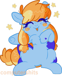 Size: 715x868 | Tagged: safe, artist:cutiesparke, derpibooru exclusive, oc, oc only, oc:aurelia coe, earth pony, pony, blue fur, blushing, bow, chest fluff, ear fluff, female, freckles, happy, hoof heart, orange mane, pigtails, raised hoof, signature, simple background, sitting, smiling, solo, stars, tail, tail bow, transparent background, twintails