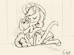 Size: 4096x3072 | Tagged: safe, artist:cigitia, applejack, cat, earth pony, pony, g4, hug