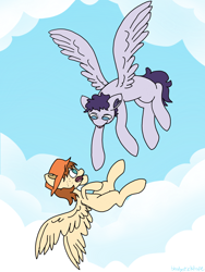 Size: 1500x2000 | Tagged: safe, artist:bloodysticktape, oc, oc:burger bee, pegasus, pony, cloud, flying, freckles, hat, tongue out