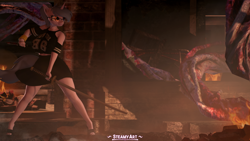 Size: 3840x2160 | Tagged: safe, alternate version, artist:steamyart, oc, oc:steamy, unicorn, anthro, 3d, blood, clothes, glasses, high heels, high res, katana, knife, shoes, skirt, skirt lift, solo, source filmmaker, sword, tentacles, weapon