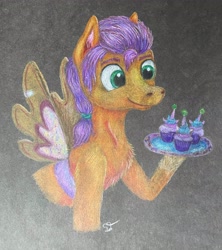 Size: 3024x3410 | Tagged: safe, artist:pony-from-everfree, sunny starscout, earth pony, pony, g5, my little pony: a new generation, ball, black background, black paper, chest fluff, colored pencil drawing, cupcake, female, filly, filly sunny starscout, food, furry, high res, ponytail, simple background, solo, tennis ball, traditional art, tray, unicorn cupcake, wings, younger