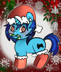 Size: 1024x1200 | Tagged: safe, artist:anykoe, oc, oc:dial liyon, pony, unicorn, animated, barely animated, candy, christmas, clothes, costume, food, gamer, hat, holiday, mouth hold, santa costume, santa hat, solo