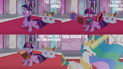 Size: 1280x720 | Tagged: safe, edit, edited screencap, editor:quoterific, screencap, princess celestia, twilight sparkle, alicorn, pony, unicorn, g4, season 3, the crystal empire, crown, eyes closed, female, floppy ears, jewelry, magic, mare, open mouth, regalia, telekinesis, unicorn twilight