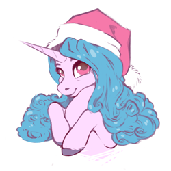 Size: 1024x1024 | Tagged: safe, artist:28gooddays, izzy moonbow, pony, unicorn, g5, my little pony: a new generation, bust, christmas, cute, female, hat, holiday, izzybetes, mare, portrait, santa hat, simple background, smiling, solo, white background