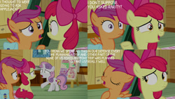 Size: 1280x720 | Tagged: safe, edit, edited screencap, editor:quoterific, screencap, apple bloom, scootaloo, sweetie belle, earth pony, pegasus, pony, unicorn, g4, growing up is hard to do, season 9, apple bloom's bow, bag, bow, clubhouse, crusaders clubhouse, cutie mark crusaders, eyes closed, female, filly, hair bow, open mouth, open smile, saddle bag, shrunken pupils, smiling