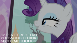 Size: 1280x720 | Tagged: safe, edit, edited screencap, editor:quoterific, screencap, rarity, pony, unicorn, baby cakes, g4, season 2, carousel boutique, female, mare, open mouth, open smile, smiling, solo, tree