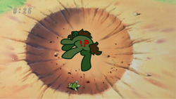 Size: 2047x1152 | Tagged: safe, artist:threetwotwo32232, oc, oc:green ganache, earth pony, pony, butt, dragon ball, dragon ball z, male, parody, plot, stallion, yamcha'd, yamcha's death pose