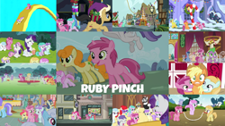 Size: 1280x721 | Tagged: safe, edit, edited screencap, editor:quoterific, screencap, alula, apple bloom, apple mint, applejack, aura (g4), blues, bon bon, carrot top, cherry cola, cherry fizzy, cloud kicker, cotton cloudy, diamond mint, dinky hooves, dizzy twister, golden harvest, lemon hearts, lightning bolt, linky, liza doolots, luckette, lucky clover, lyra heartstrings, mr. waddle, nightjar, noi, noteworthy, orange swirl, petunia, pinkie pie, piña colada, pluto, rarity, ruby pinch, scootaloo, shoeshine, spike, strawberry ice, sweet pop, sweetie belle, sweetie drops, tootsie flute, tornado bolt, twilight sparkle, twist, white lightning, zippoorwhill, alicorn, dragon, earth pony, pegasus, pony, unicorn, a hearth's warming tail, call of the cutie, crusaders of the lost mark, fame and misfortune, filli vanilli, forever filly, g4, hearth's warming eve (episode), lesson zero, pinkie pride, season 1, season 2, season 3, season 4, season 5, season 6, season 7, slice of life (episode), spike at your service, the cutie pox, the gift of the maud pie, ^^, apple bloom's bow, apple family member, applejack's hat, bow, cowboy hat, cutie mark crusaders, eyes closed, female, filly, food, hair bow, hat, male, mare, messy mane, open mouth, open smile, ponyville town hall, popcorn, smiling, stallion, sugarcube corner, sweet apple acres, sweet apple acres barn, twilight sparkle (alicorn), wall of tags