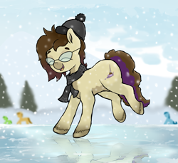 Size: 2085x1913 | Tagged: safe, artist:waffletheheadmare, oc, oc:cj vampire, earth pony, pony, clothes, glasses, hat, hooves, ice, jumping, reflection, scarf, smiling, snow, snowfall, snowflake, solo